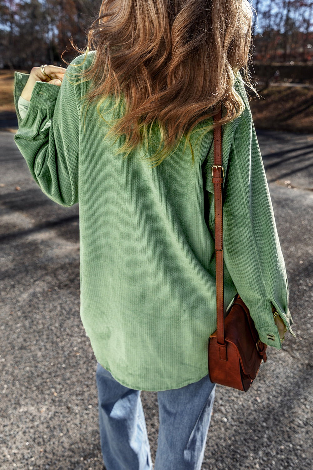Women's Mist Green Corduroy Shacket with Pockets - Trendy Button-Up Jacket for Effortless Casual Style