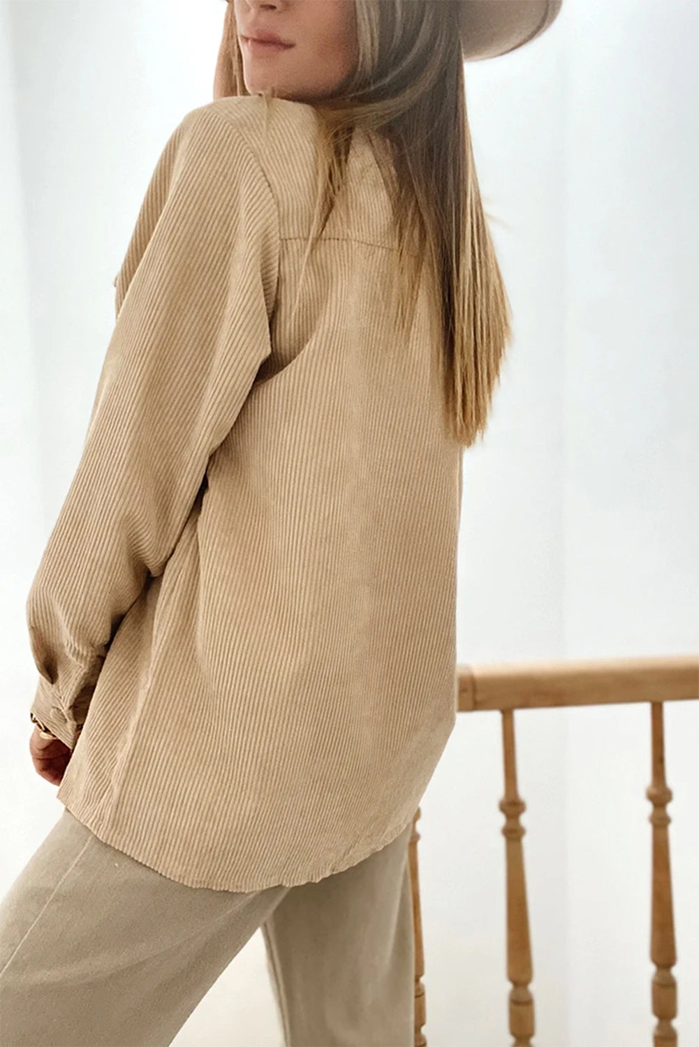 Women's Light Beige Corduroy Shacket with Frilled Pockets - Chic Button-Up Jacket for Casual Fall Fashion