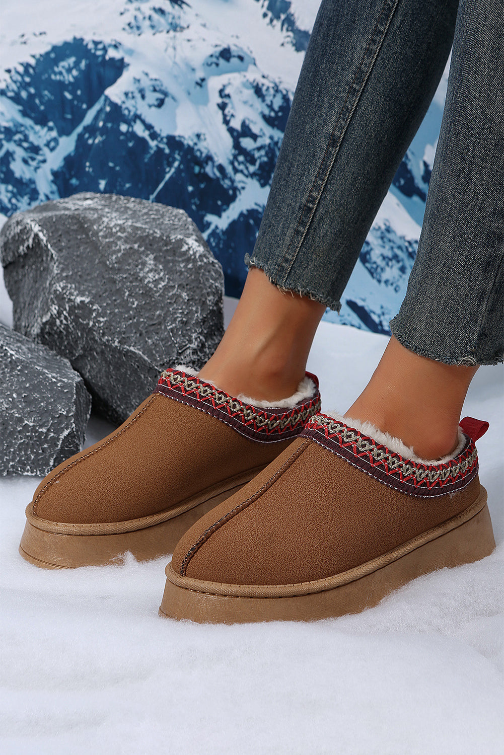 Women's Chestnut Suede Snow Boots with Plush Lining & Trendy Contrast Print for Cozy Winter Style