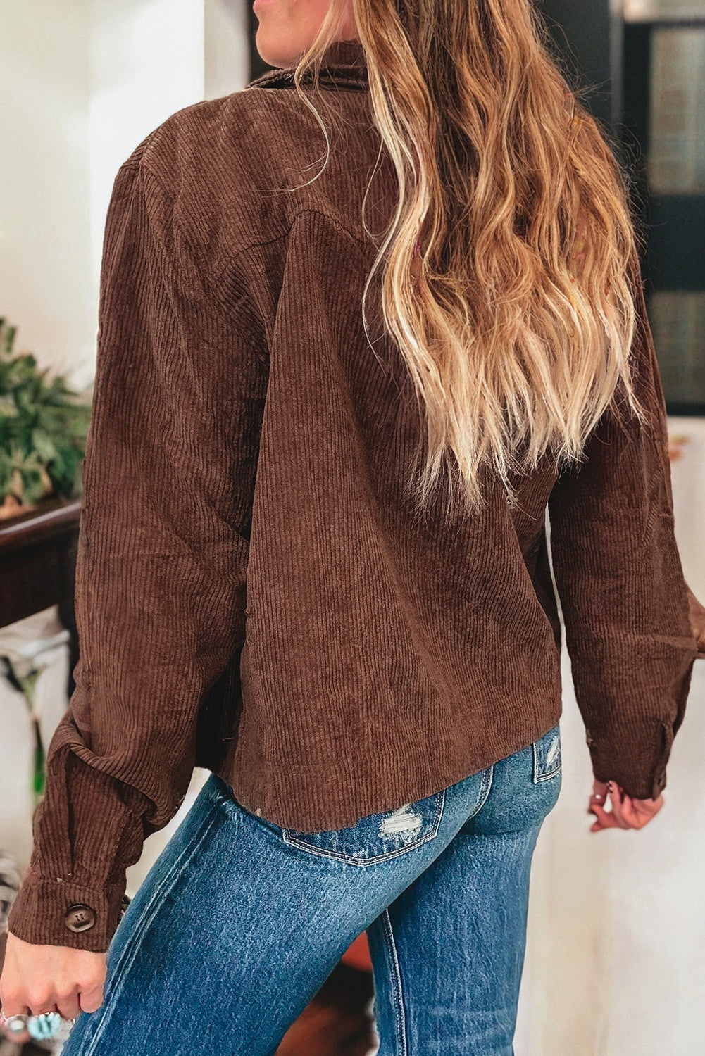 Women's Fall Coffee Floral Embroidered Corduroy Jacket with Button Front, Pockets, and Chic Collar for Effortless Style