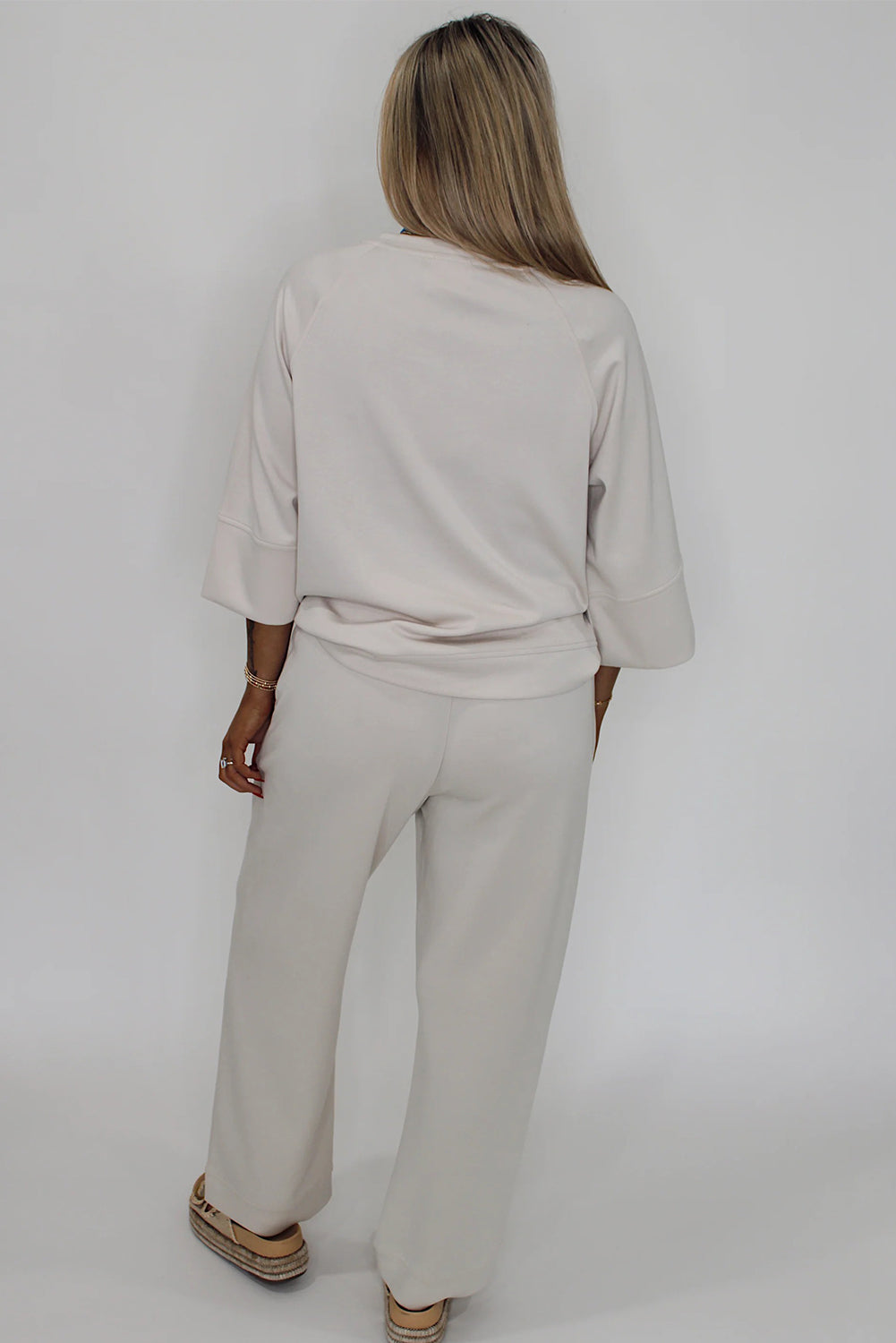 Women's Jet Stream Solid 3/4 Sleeve Loose Pullover & Drawstring Pants Set - Comfortable Casual Outfit in Versatile Color