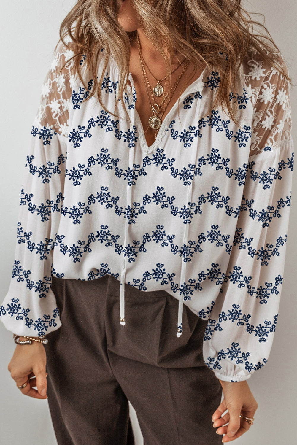 Chic Ivory Lace Patchwork Blouse for Women - Lightweight, Versatile Top for Casual and Dressy Occasions