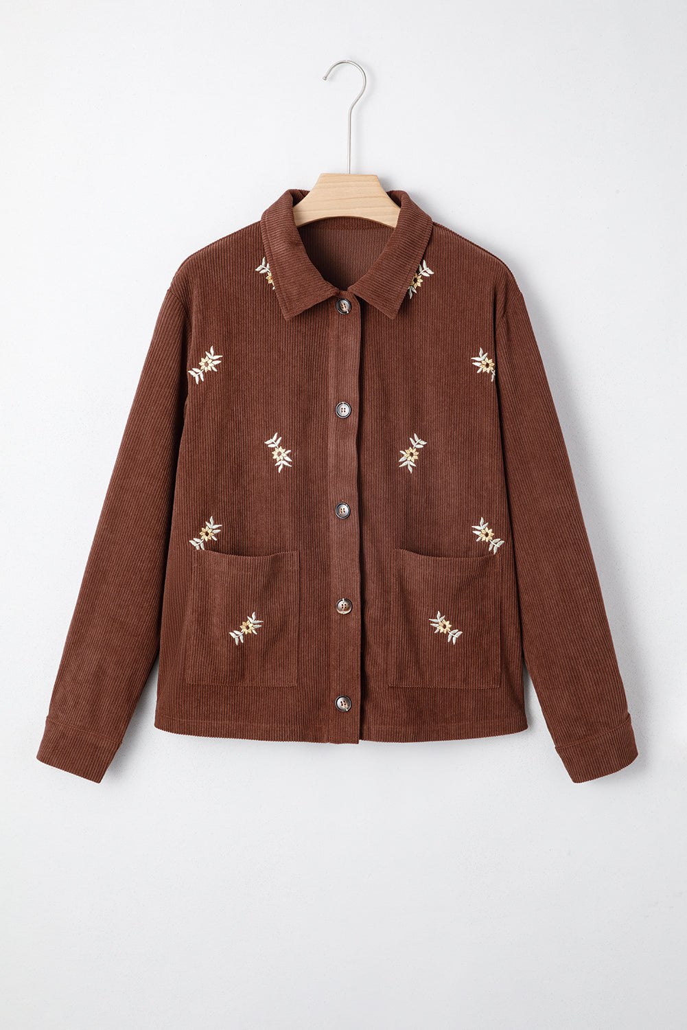 Women's Fall Coffee Floral Embroidered Corduroy Jacket with Button Front, Pockets, and Chic Collar for Effortless Style