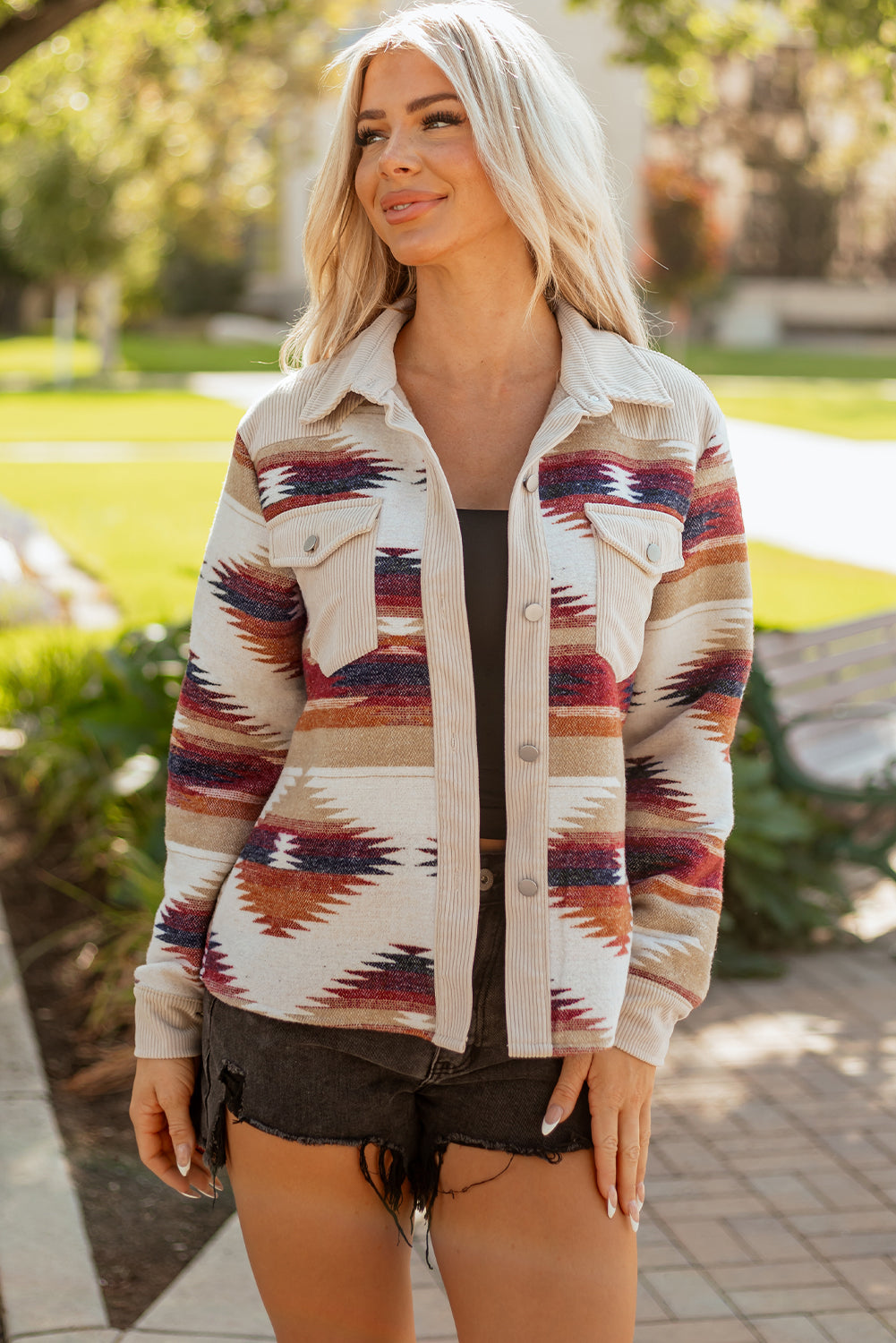 Chic Earth Tones Women's Oversized Western Print Shacket Jacket for Trendy Layering and Effortless Style