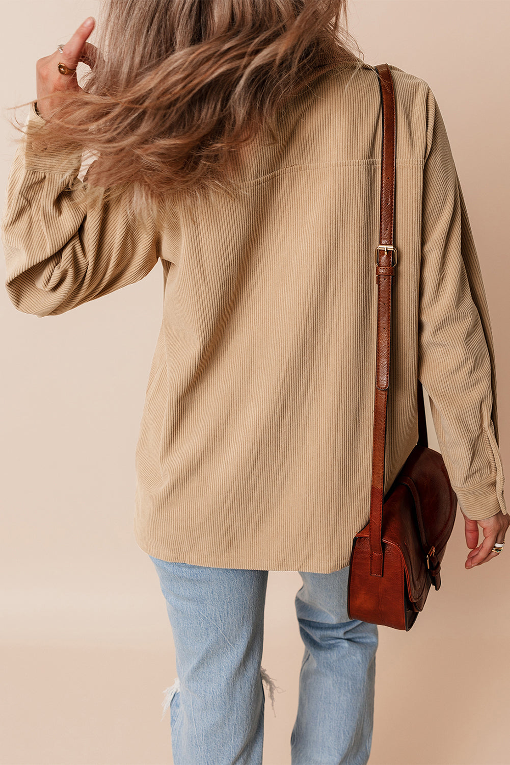 Women's Light Beige Corduroy Shacket with Frilled Pockets - Chic Button-Up Jacket for Casual Fall Fashion