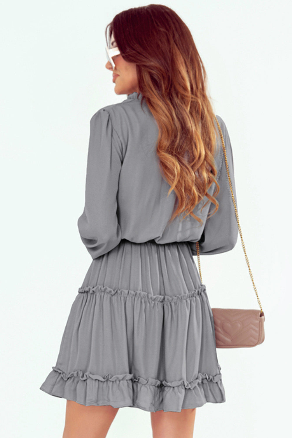 Stylish Women's Gray Long Sleeve Ruffle Tiered Mini Dress with V-Neck Perfect for Casual Outings or Party Events