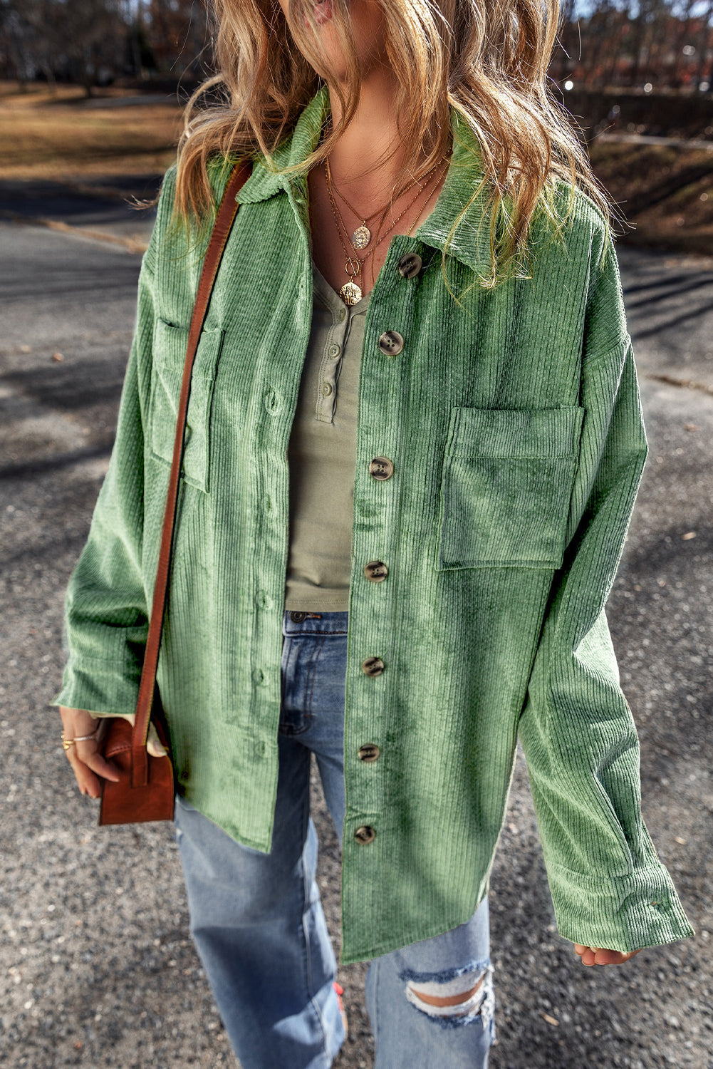 Women's Mist Green Corduroy Shacket with Pockets - Trendy Button-Up Jacket for Effortless Casual Style