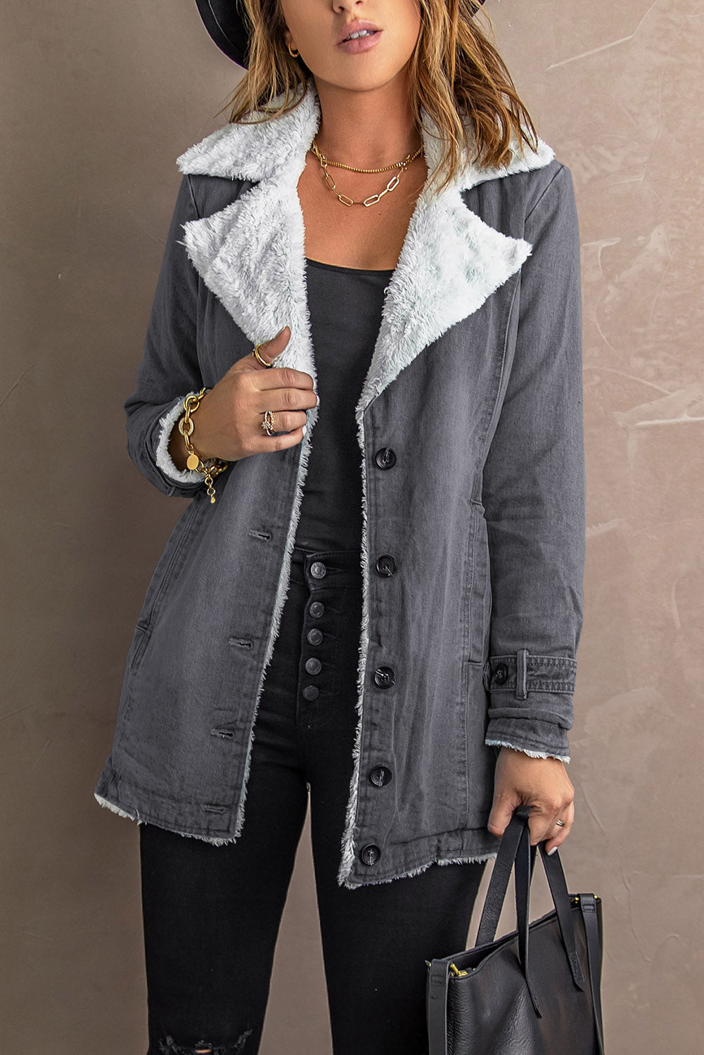 Faux Fur-Trimmed Denim Coat
