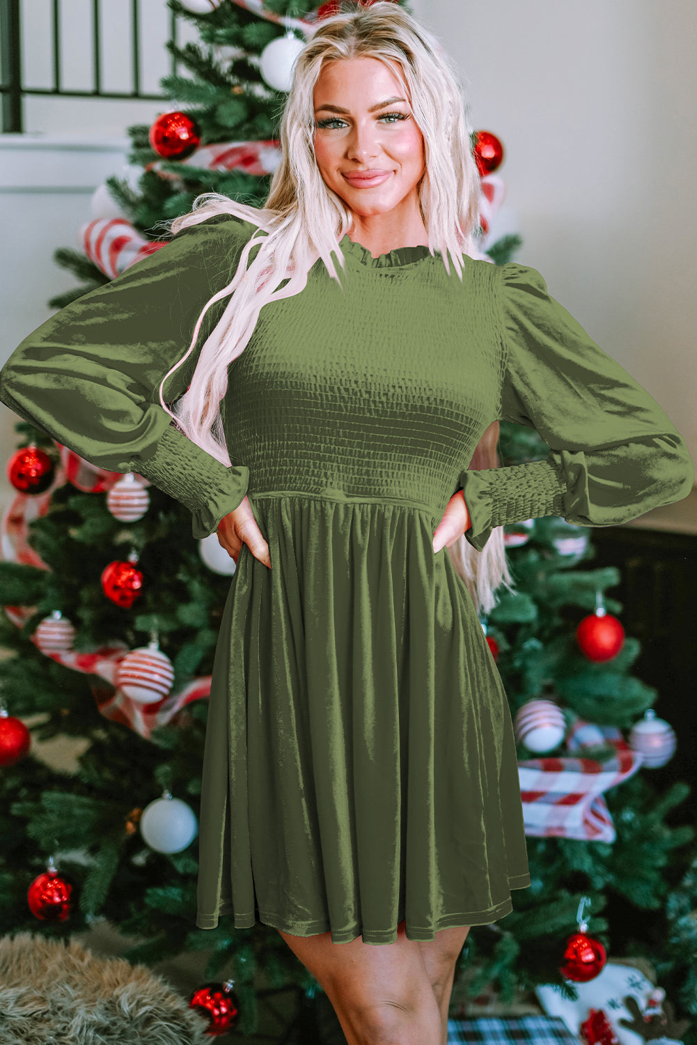 Elegant Moss Green Velvet Dress for Women with Frilled Neck, Smocked Bodice, and Flattering Fit for Special Occasions