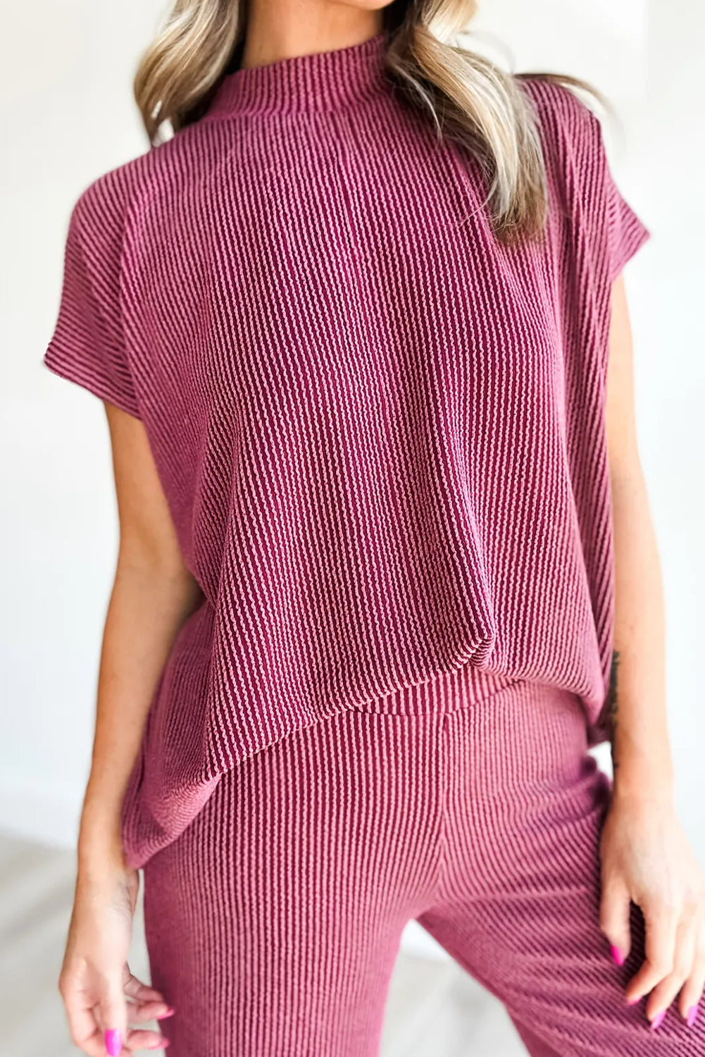 Burgundy High Neck Loose Tee & Elastic High Waist Pants Set for Women - Trendy Twisted Ribbed Lounge Wear Outfit
