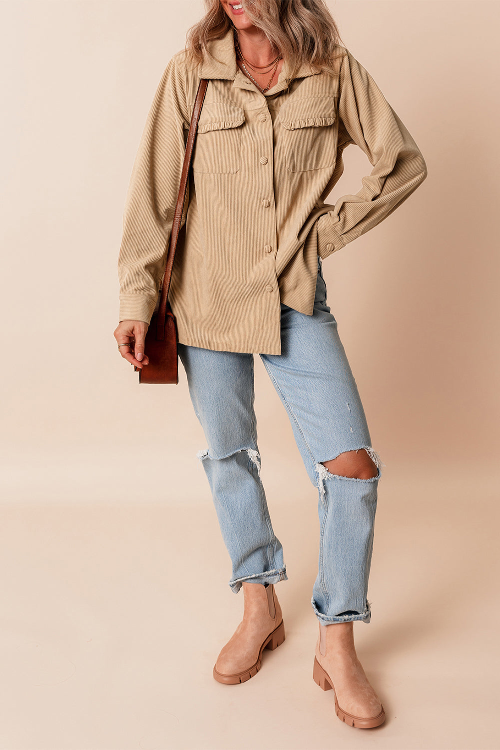 Women's Light Beige Corduroy Shacket with Frilled Pockets - Chic Button-Up Jacket for Casual Fall Fashion
