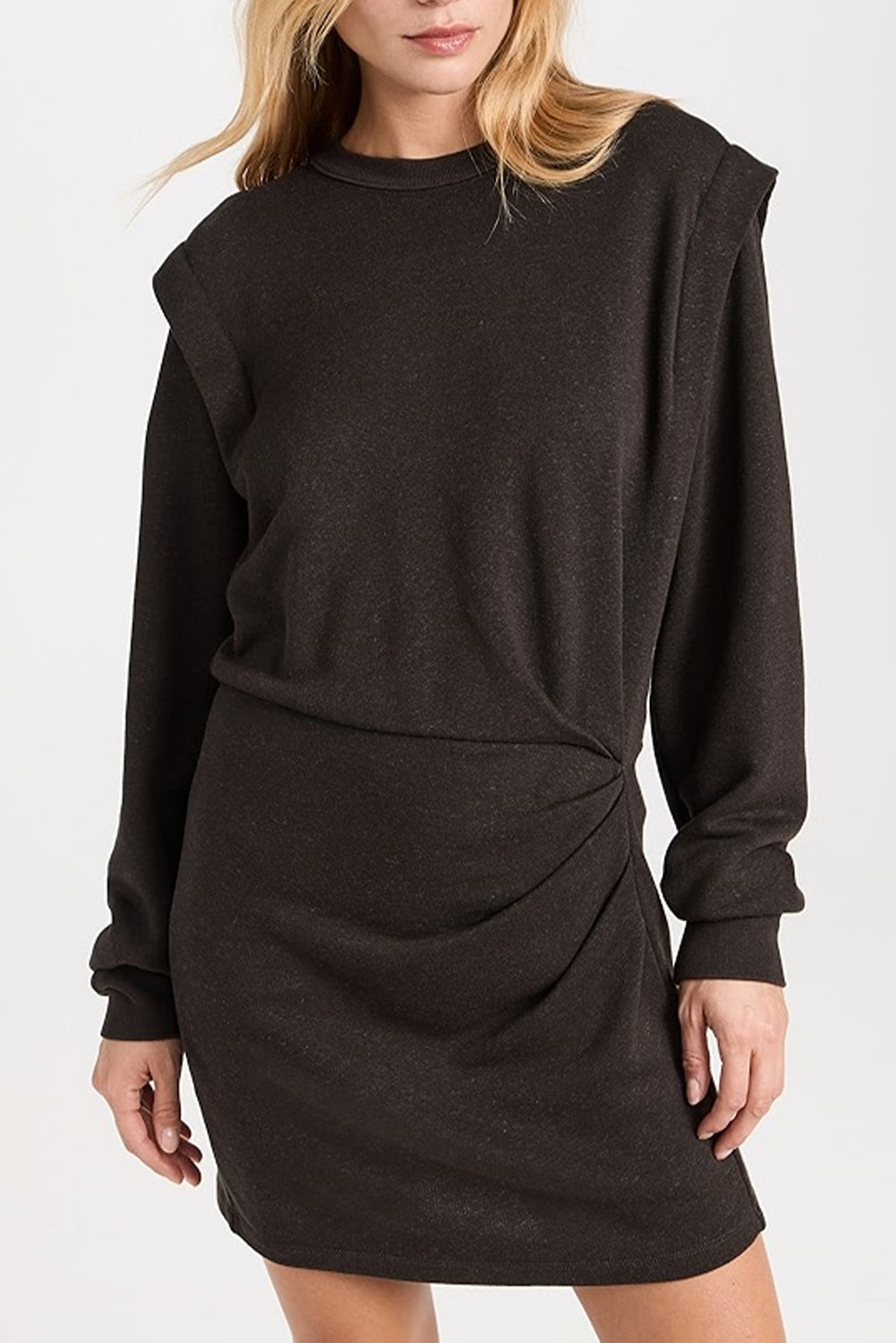 Women's Carbon Grey Long Sleeve Pleated Mini Dress - Chic Faux Two-Piece Style for Casual or Evening Events