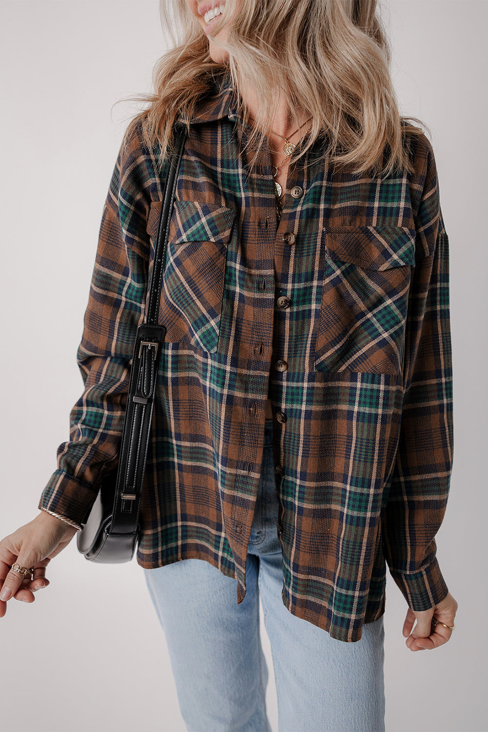 Stylish Women's Brown Plaid Button-Up Shirt Jacket with Chest Pockets Versatile Outerwear for Casual & Chic Looks