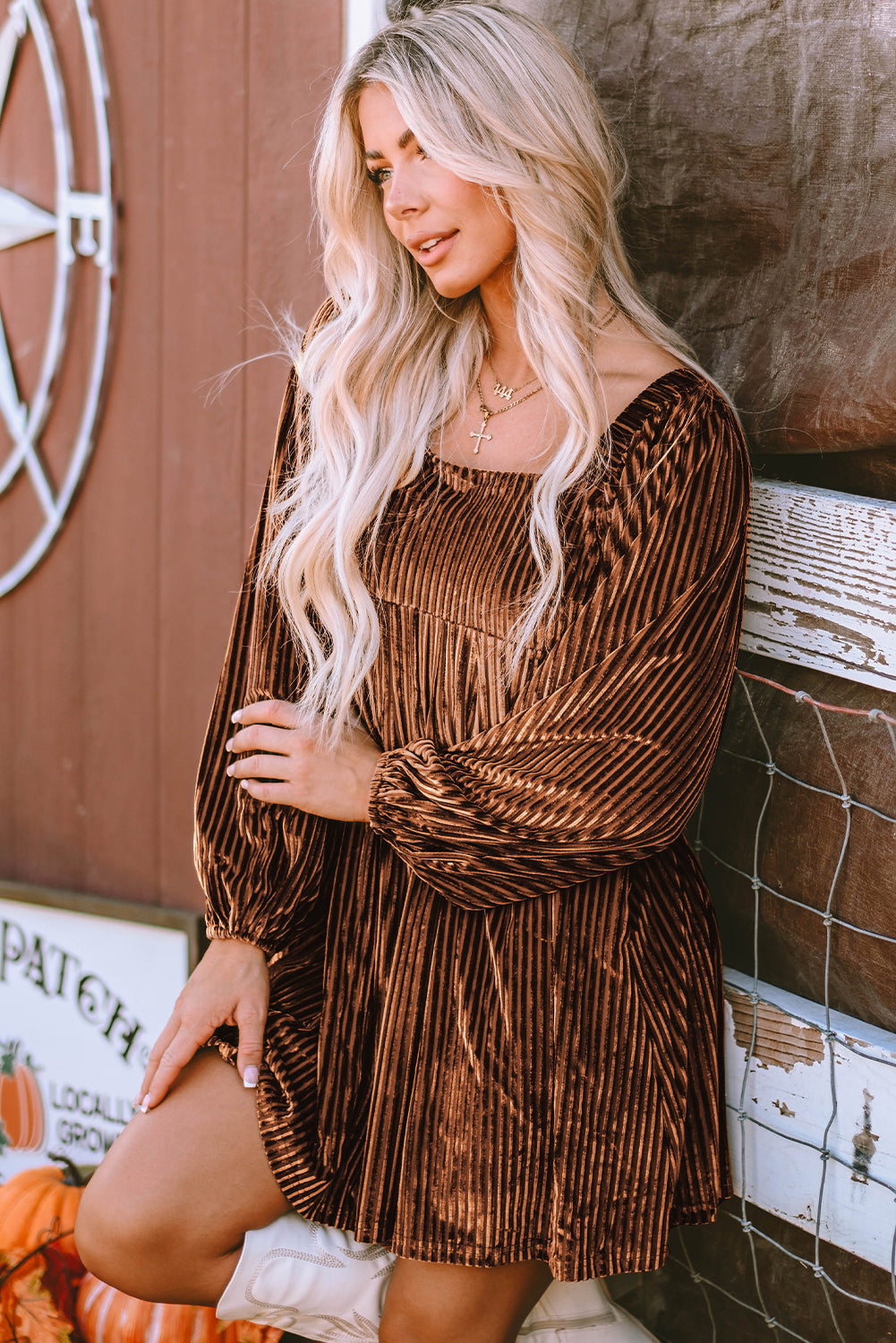Brown Velvet Babydoll Dress for Women - Flattering Fit, Square Neck, Tie Back Detail for Effortless Chic Style