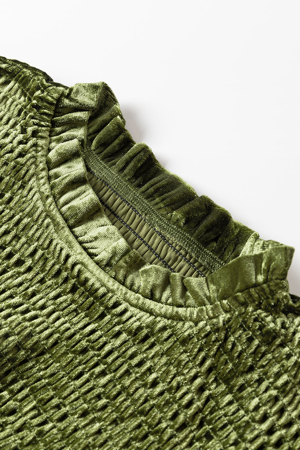 Elegant Moss Green Velvet Dress for Women with Frilled Neck, Smocked Bodice, and Flattering Fit for Special Occasions