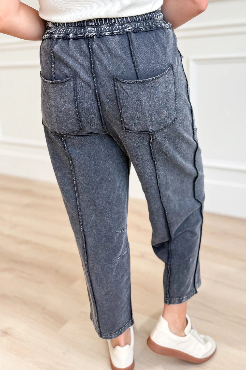 Women's Dark Grey Mineral Wash Loose-Fit Pants with Drawstring Waist and Exposed Seams for Ultimate Comfort