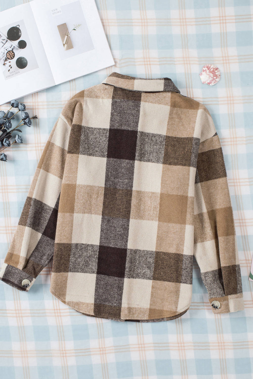 Chic Women's Khaki Plaid Color Block Button-Up Jacket with Pockets Stylish Long Sleeve Outerwear for Casual Fashion