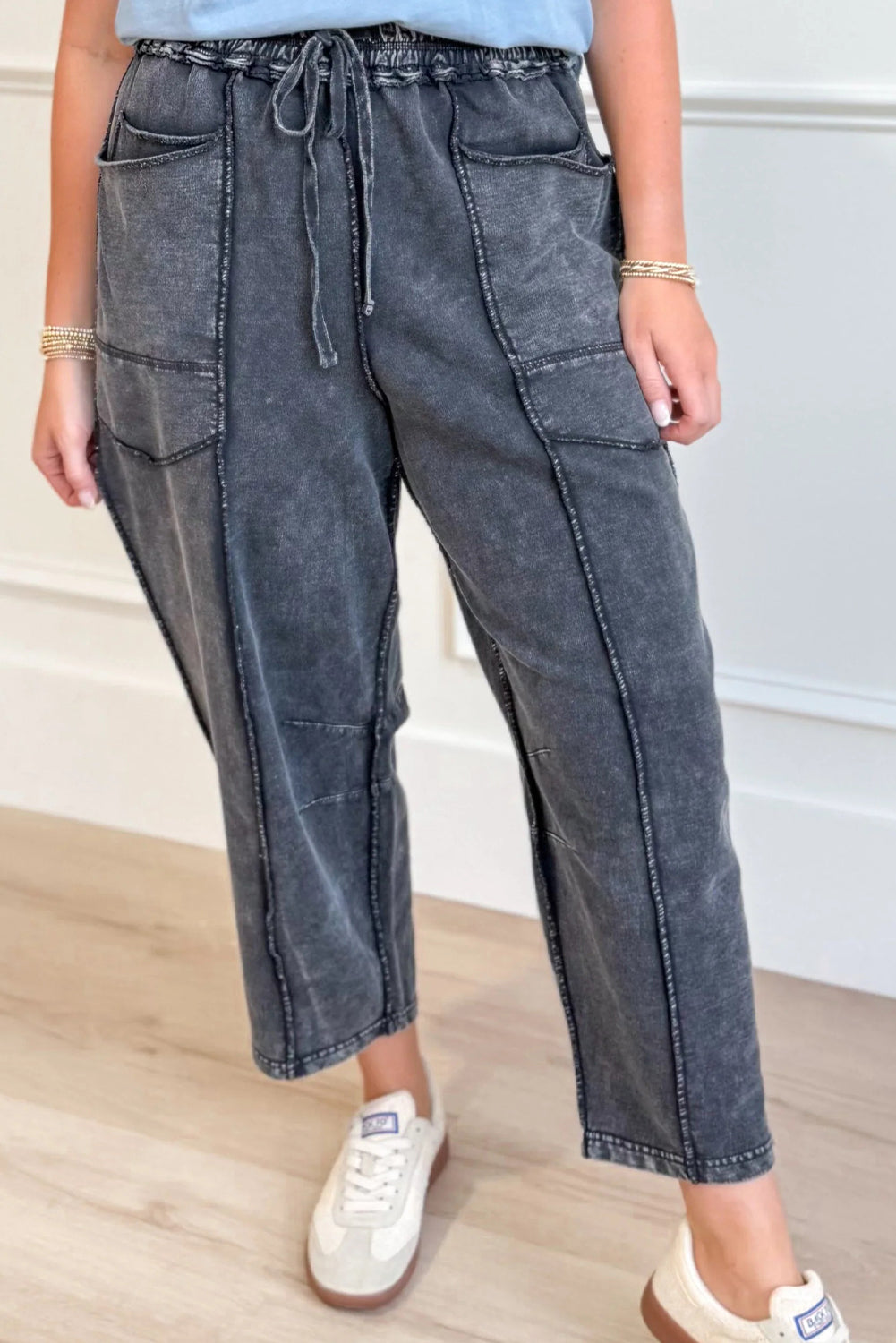 Women's Dark Grey Mineral Wash Loose-Fit Pants with Drawstring Waist and Exposed Seams for Ultimate Comfort