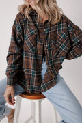 Stylish Women's Brown Plaid Button-Up Shirt Jacket with Chest Pockets Versatile Outerwear for Casual & Chic Looks