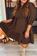 Plus Size Women's Coffee V-Neck Puff Sleeve Mini Dress with Frill Trim & Textured Fabric for Effortless Chic Style