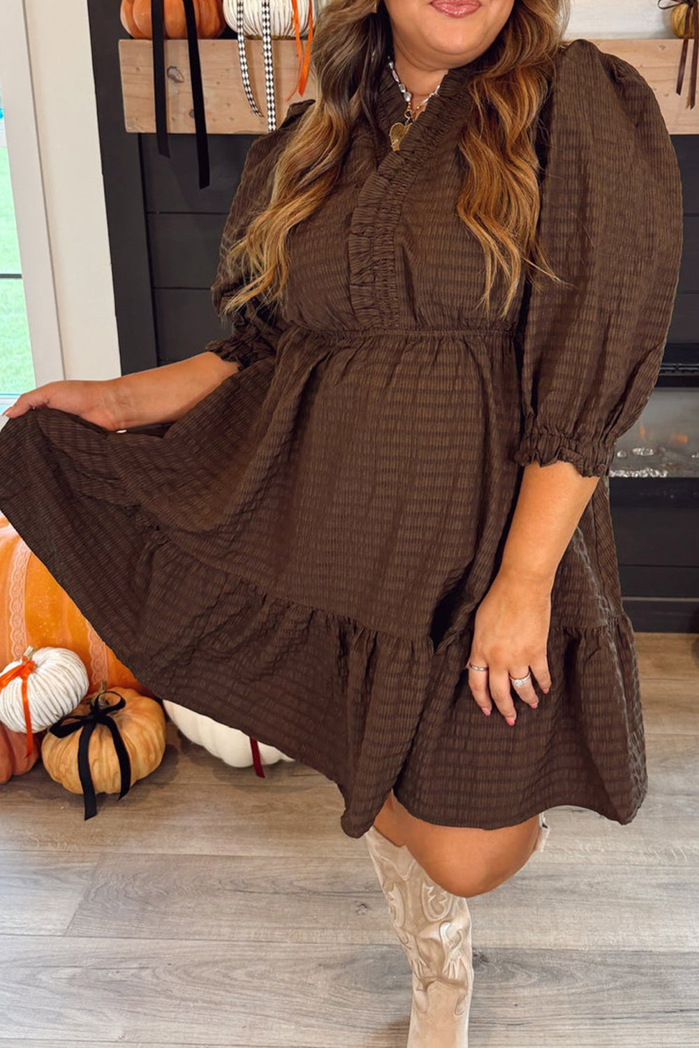 Plus Size Women's Coffee V-Neck Puff Sleeve Mini Dress with Frill Trim & Textured Fabric for Effortless Chic Style