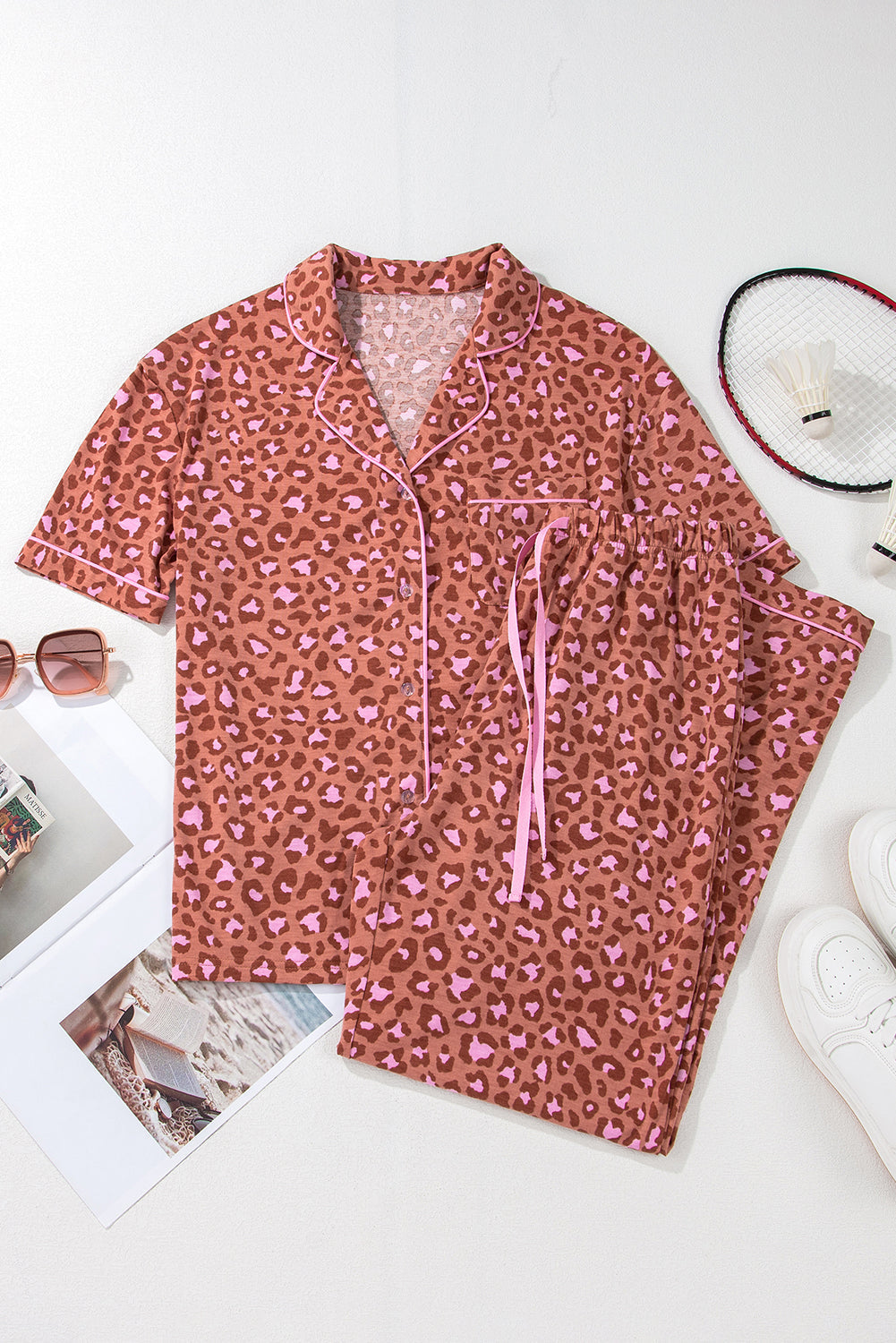 Stylish Women's Brown Leopard Print Short Sleeve Pajama Set with Pants - Cozy Loungewear for Ultimate Comfort