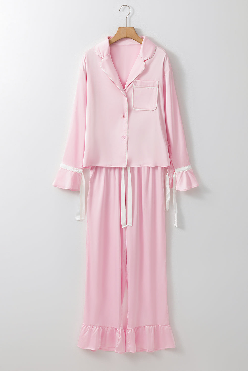 Women's Chic Light Pink Satin Lounge Set with Knot Accent Top & Ruffled Pants - Ideal for Stylish Relaxation and Outings
