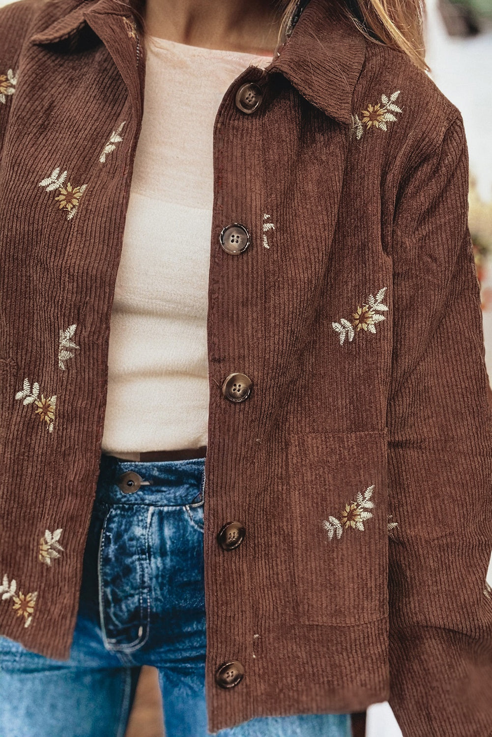 Women's Fall Coffee Floral Embroidered Corduroy Jacket with Button Front, Pockets, and Chic Collar for Effortless Style