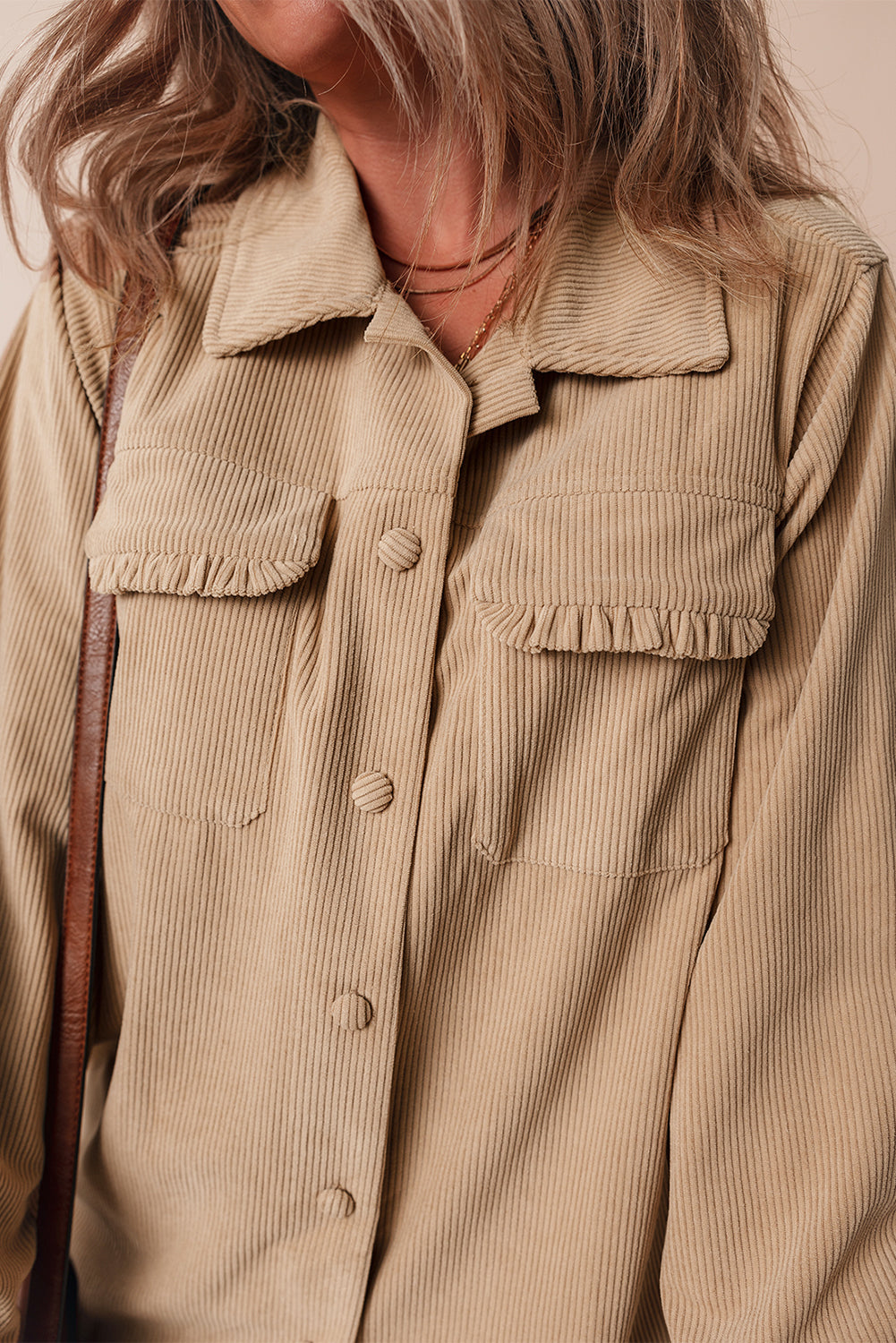 Women's Light Beige Corduroy Shacket with Frilled Pockets - Chic Button-Up Jacket for Casual Fall Fashion