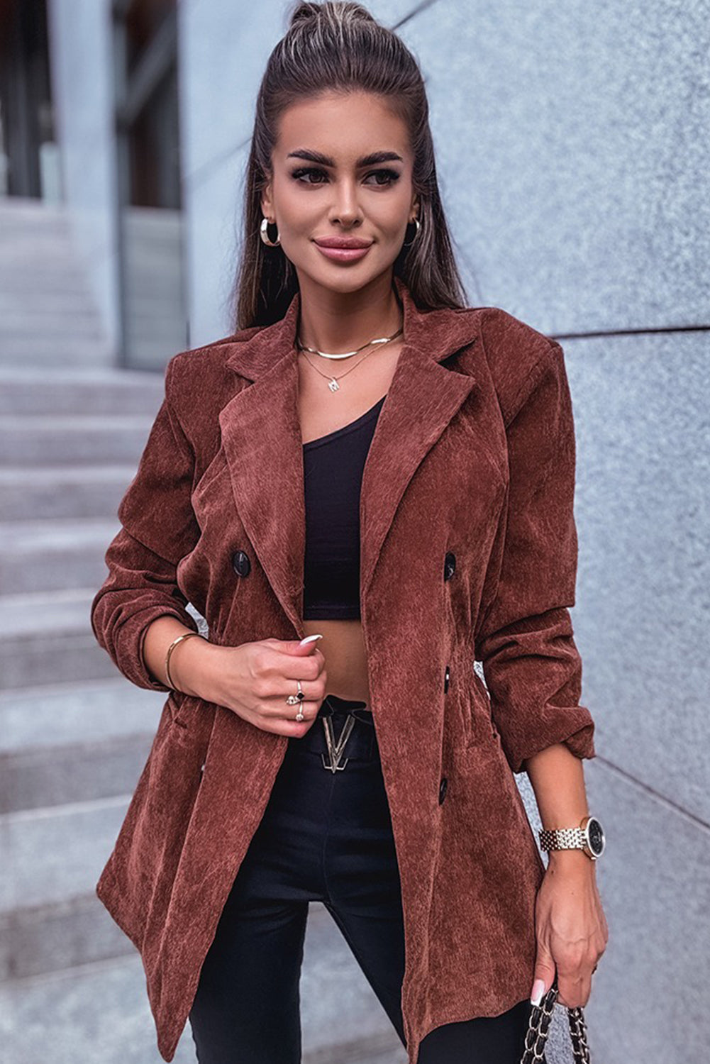 Chic Women's Coffee Corduroy Blazer with Smocked Waist - Stylish Double-Breasted Jacket for Office and Casual Outfits