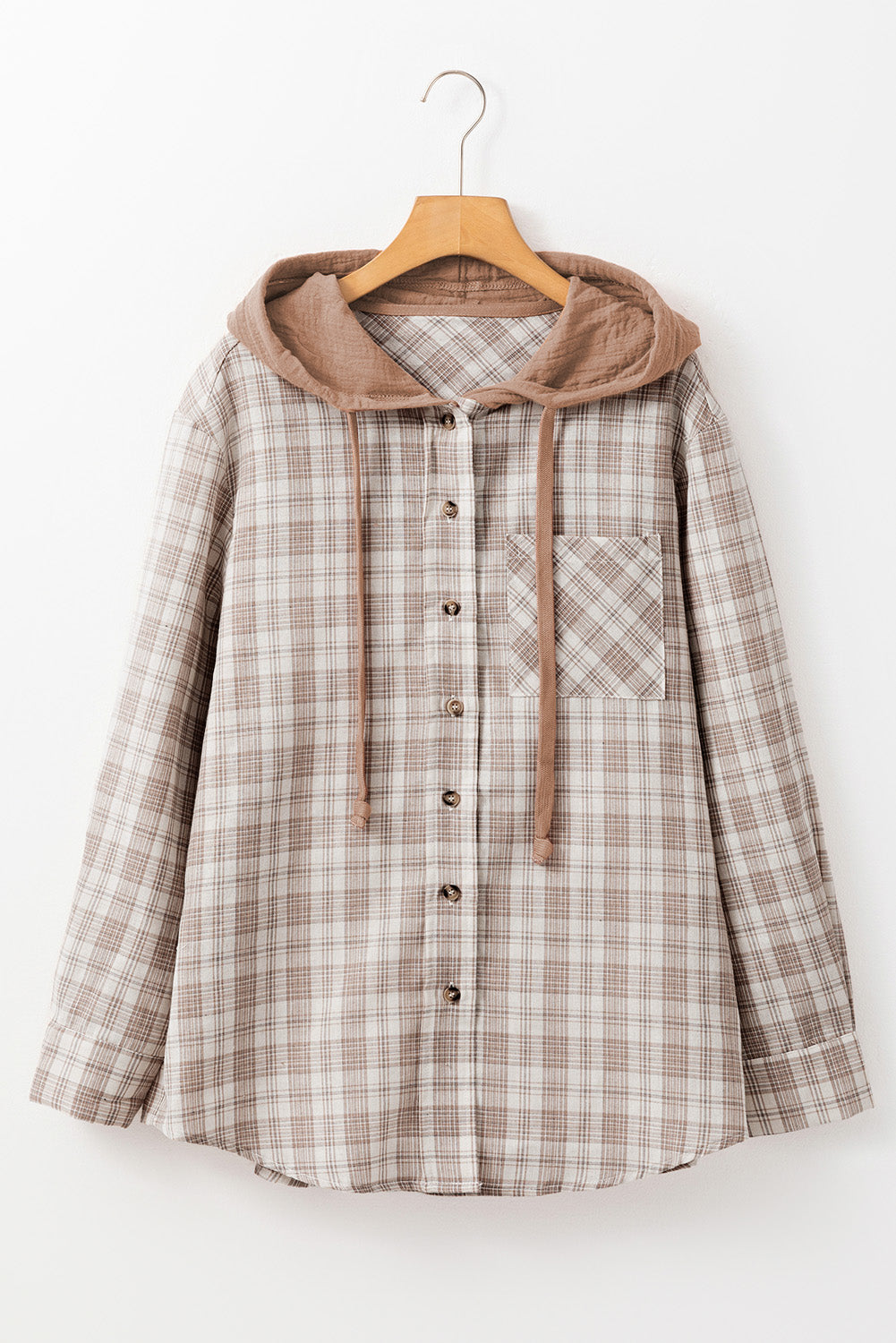 Stylish Women's Khaki Checkered Hooded Shacket - Casual Loose Fit Jacket for Trendy Fall Layering Outfits