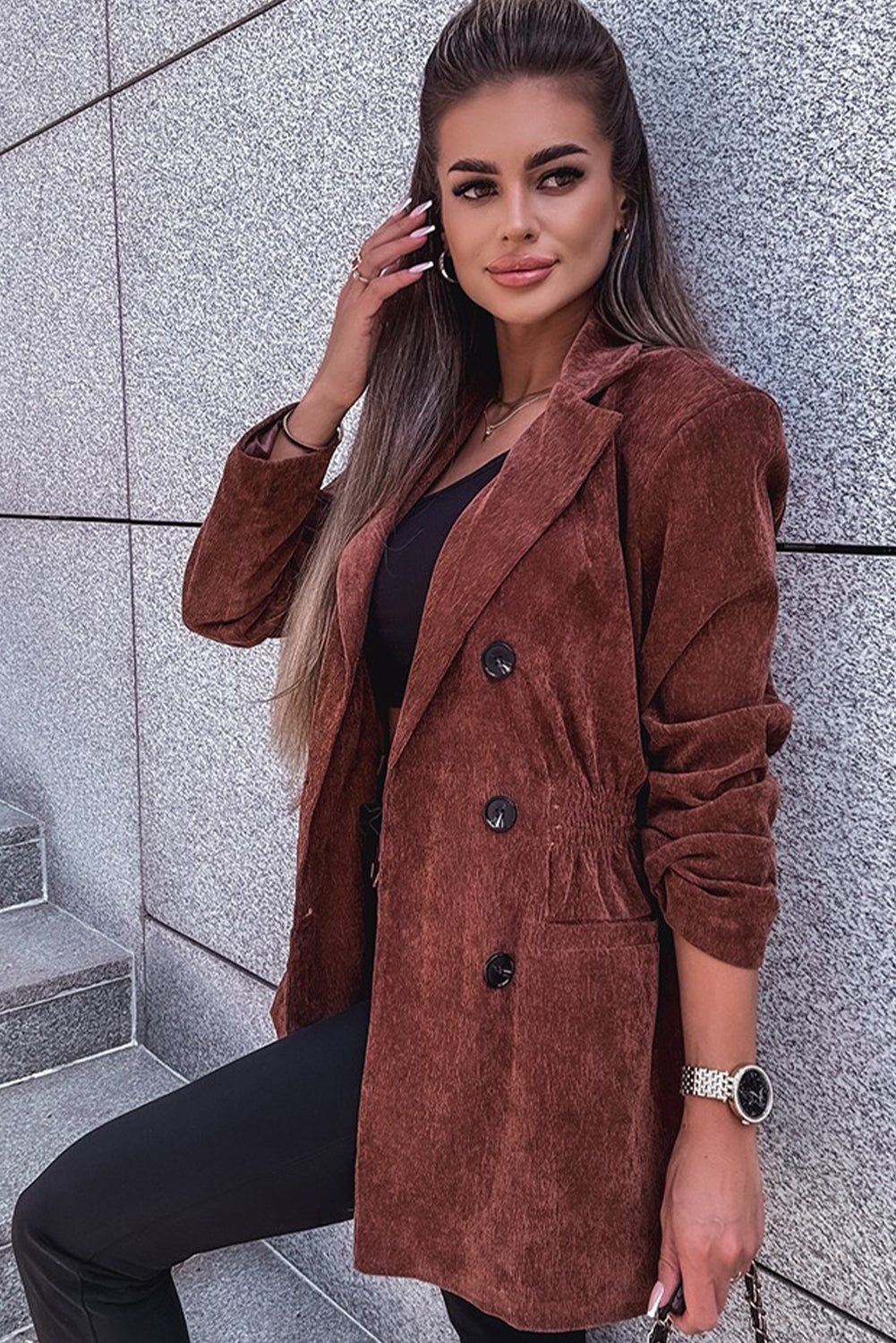 Chic Women's Coffee Corduroy Blazer with Smocked Waist - Stylish Double-Breasted Jacket for Office and Casual Outfits