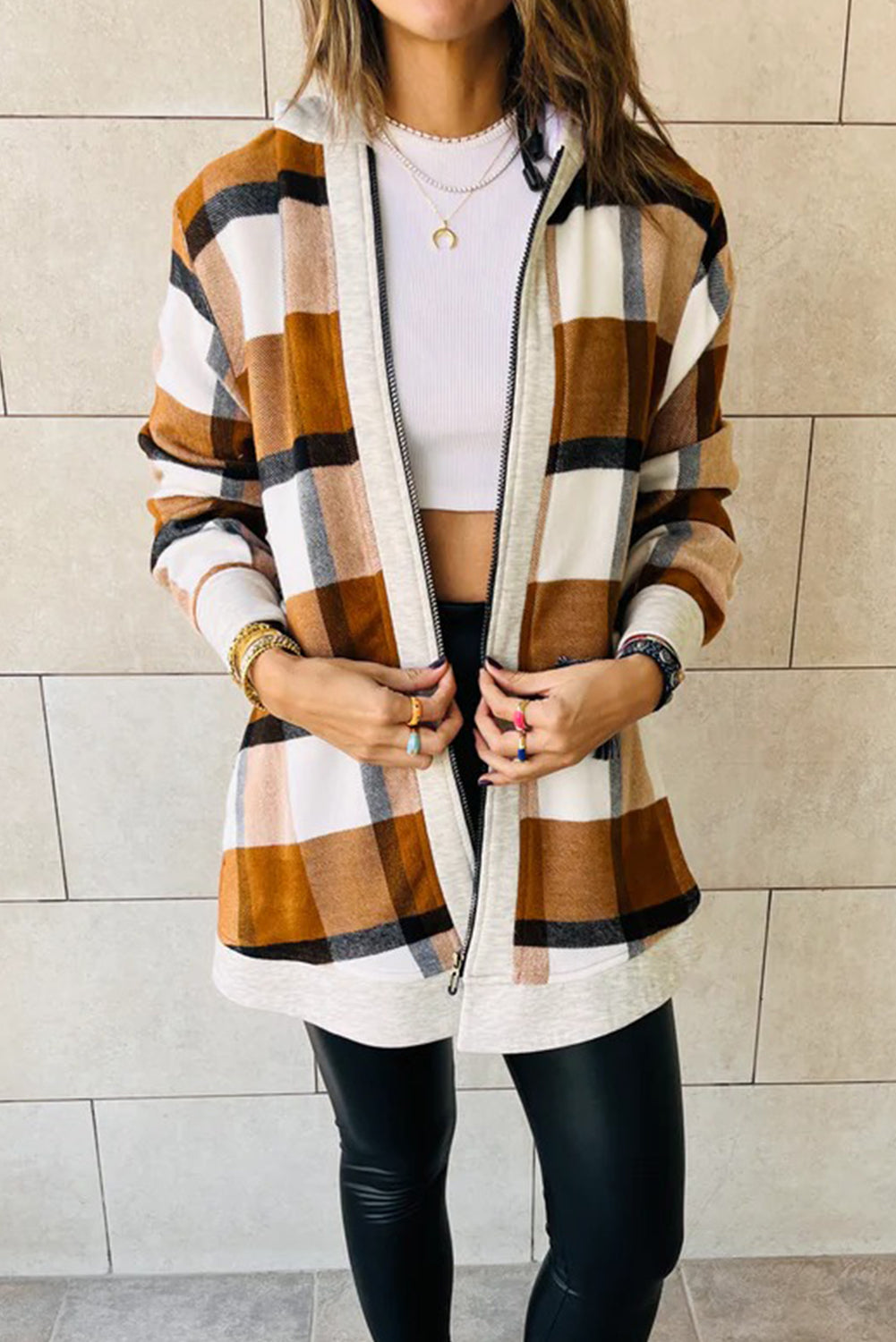Stylish Women's Brown Vintage Plaid Hooded Zip-Up Jacket with Contrast Trim - Cozy Fall Outerwear for Effortless Chic