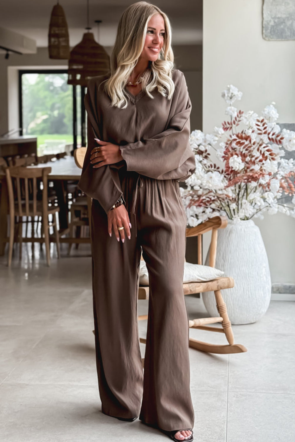 Women's Dark Brown V-Neck Braided Long Sleeve Top & Drawstring High-Waist Pants Set - Casual Loose Fit 2-Piece Outfit