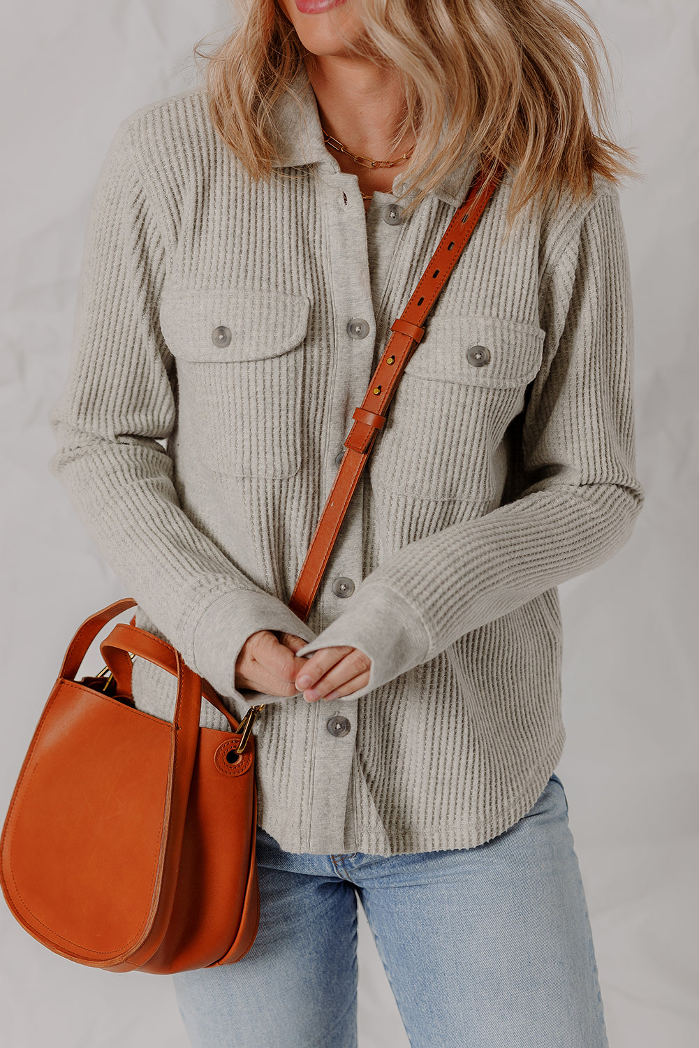 Stylish Women's Light Grey Waffle Textured Shacket with Pocket - Versatile Layering Jacket for Effortless Outfits