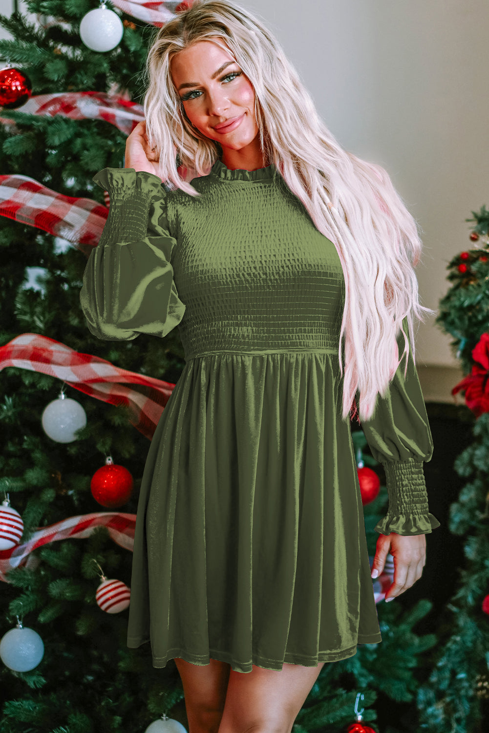 Elegant Moss Green Velvet Dress for Women with Frilled Neck, Smocked Bodice, and Flattering Fit for Special Occasions