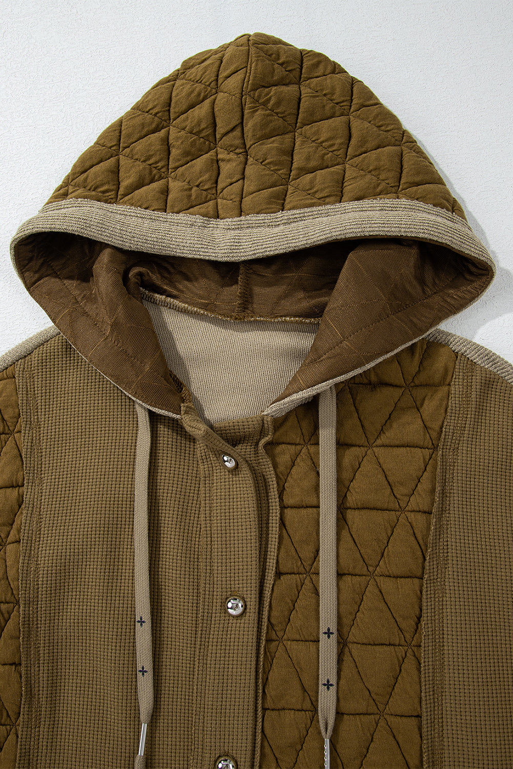 Trendy Women's Jungle Green Quilted Hooded Jacket - Casual Loose Fit with Stylish Textured Patchwork Detail