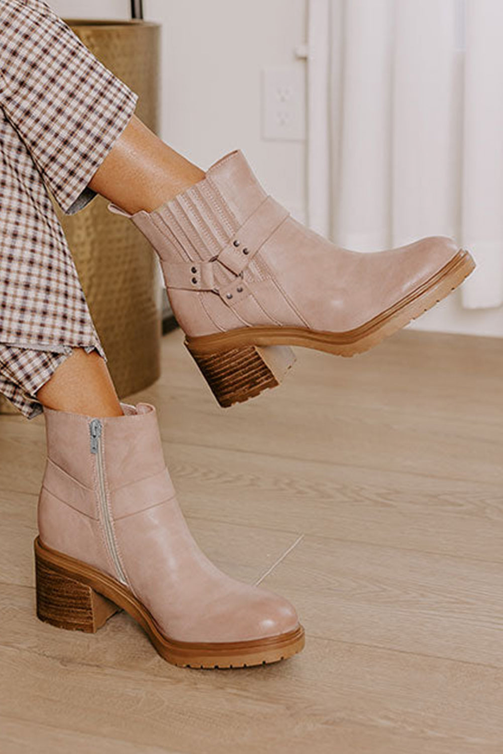 Beige Chunky Heel Ankle Boots for Women with Stylish Ring Zipper - Comfortable Footwear Perfect for Any Occasion