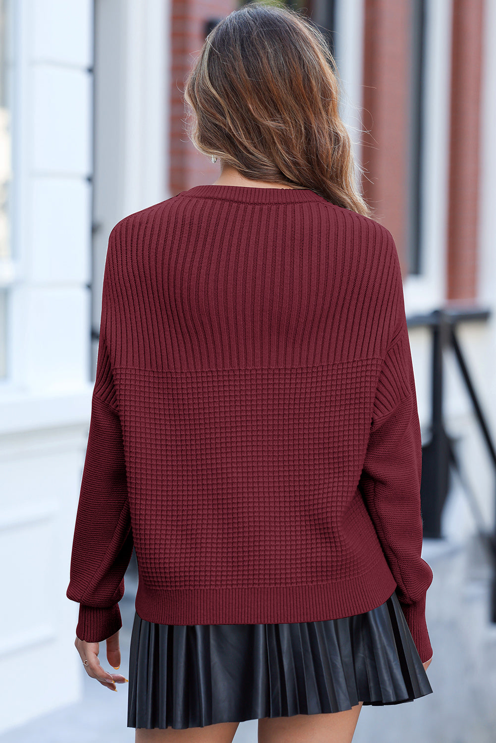 Chic Burgundy Textured Knit Crew Neck Sweater for Women - Cozy, Comfortable Fit Perfect for Casual or Dressy Looks