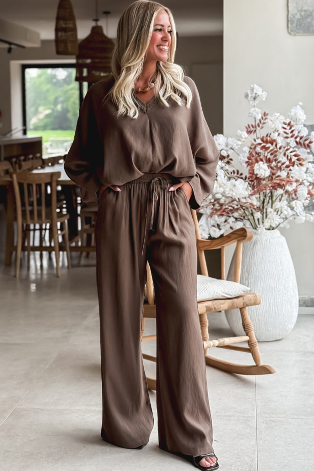 Women's Dark Brown V-Neck Braided Long Sleeve Top & Drawstring High-Waist Pants Set - Casual Loose Fit 2-Piece Outfit