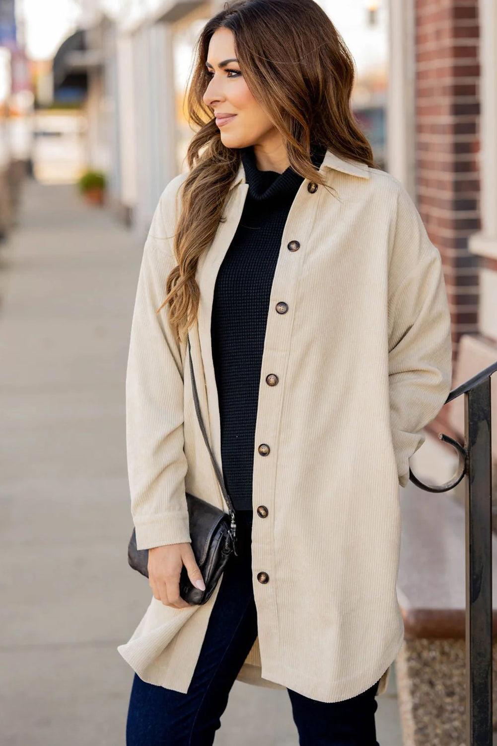 Trendy Women's Oversized Jet Stream Corduroy Shacket with Side Slits - Stylish Casual Fall Layering Jacket