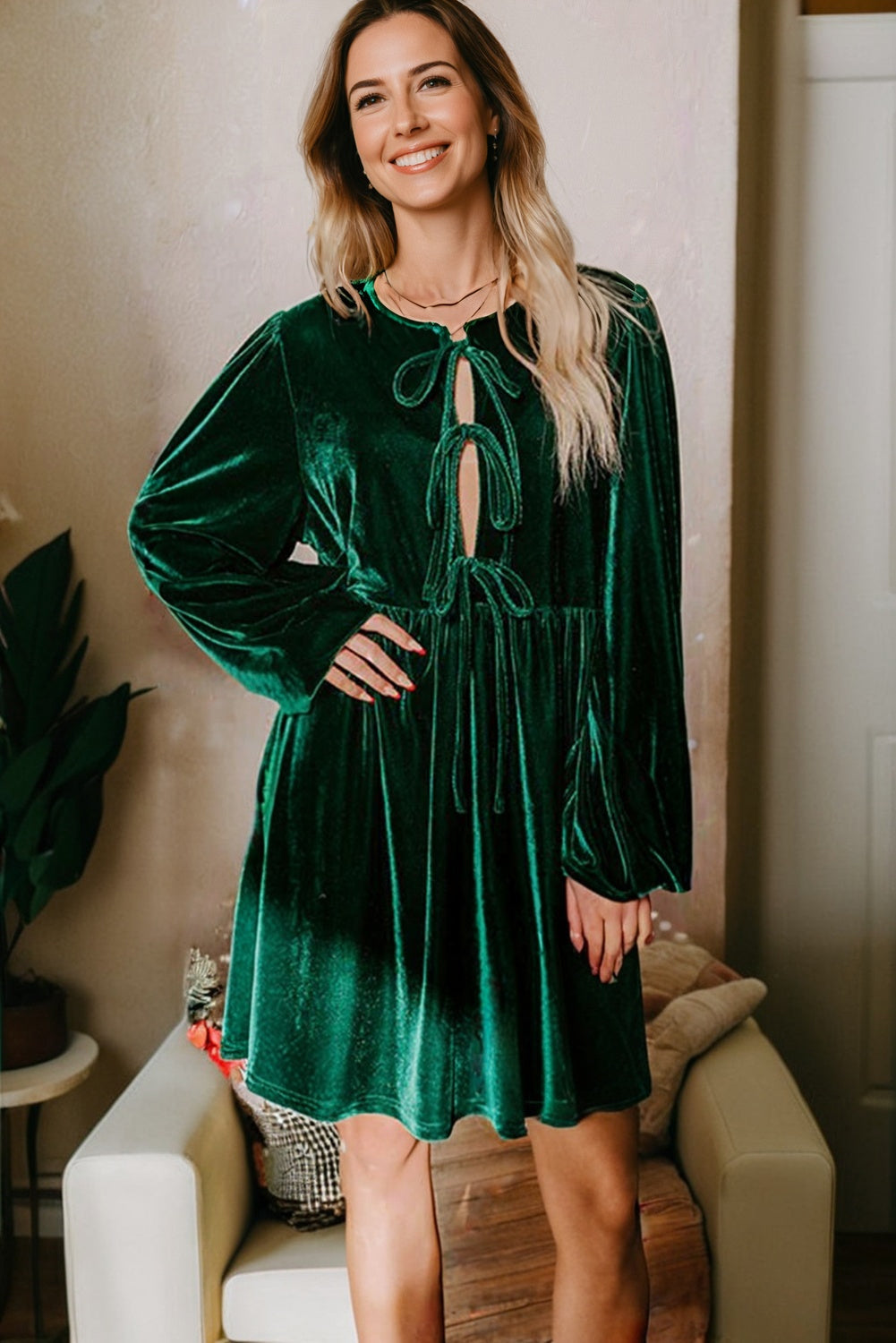 Women's Emerald Green Front Tie Velvet Mini Dress with Bubble Sleeves - Chic, Stylish & Comfortable Fit