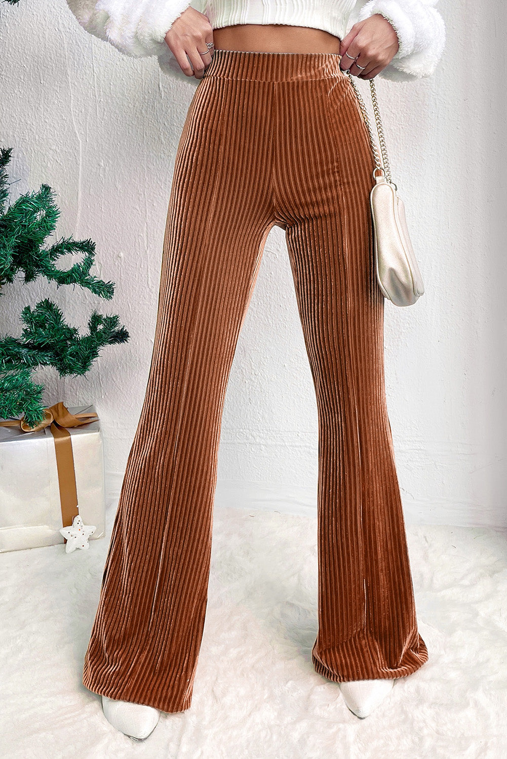 Chic Women's Chestnut High Waist Flare Corduroy Pants - Comfortable Fit for Trendy Casual Looks