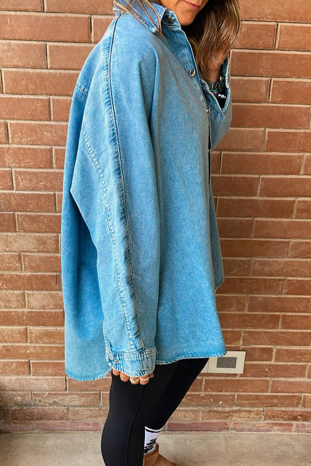 Light Blue Boyfriend Denim Jacket for Women with Contrast Panel & Buttons - Stylish Casual Chic for Everyday Outfits