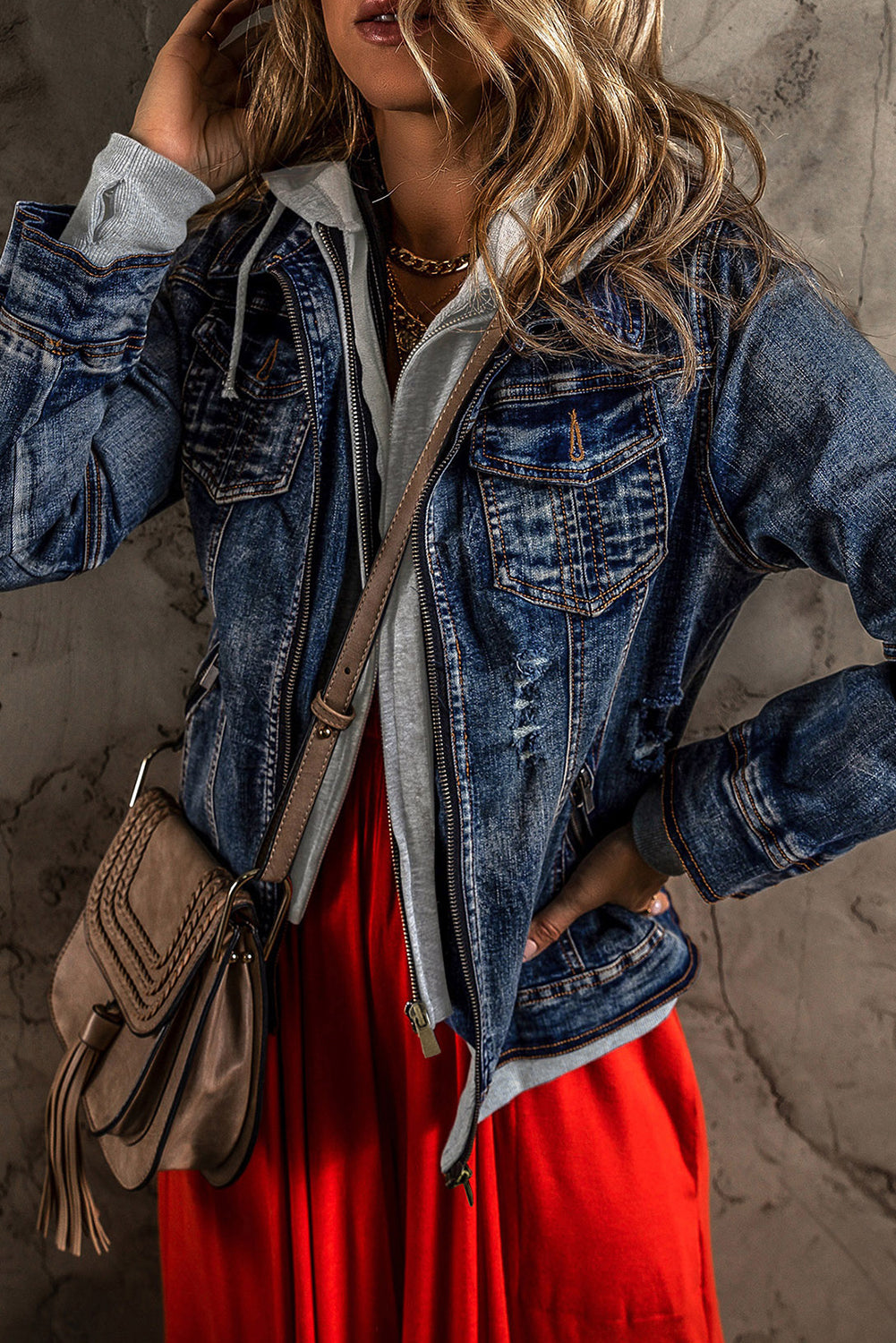 Stylish Women's Dark Blue Hooded Denim Jacket - Zip-Up Casual Layer for Everyday Outfits and Chic Outings