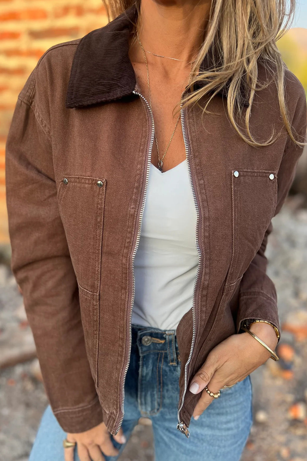 Stylish Women's Coffee Corduroy Collared Denim Jacket with Zipper - Comfortable, Versatile Outerwear for Every Occasion