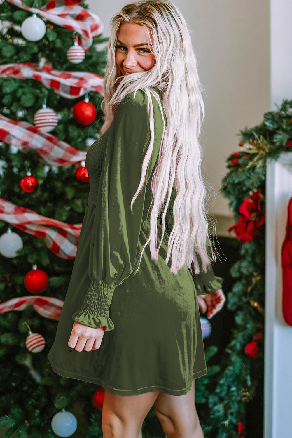 Elegant Moss Green Velvet Dress for Women with Frilled Neck, Smocked Bodice, and Flattering Fit for Special Occasions