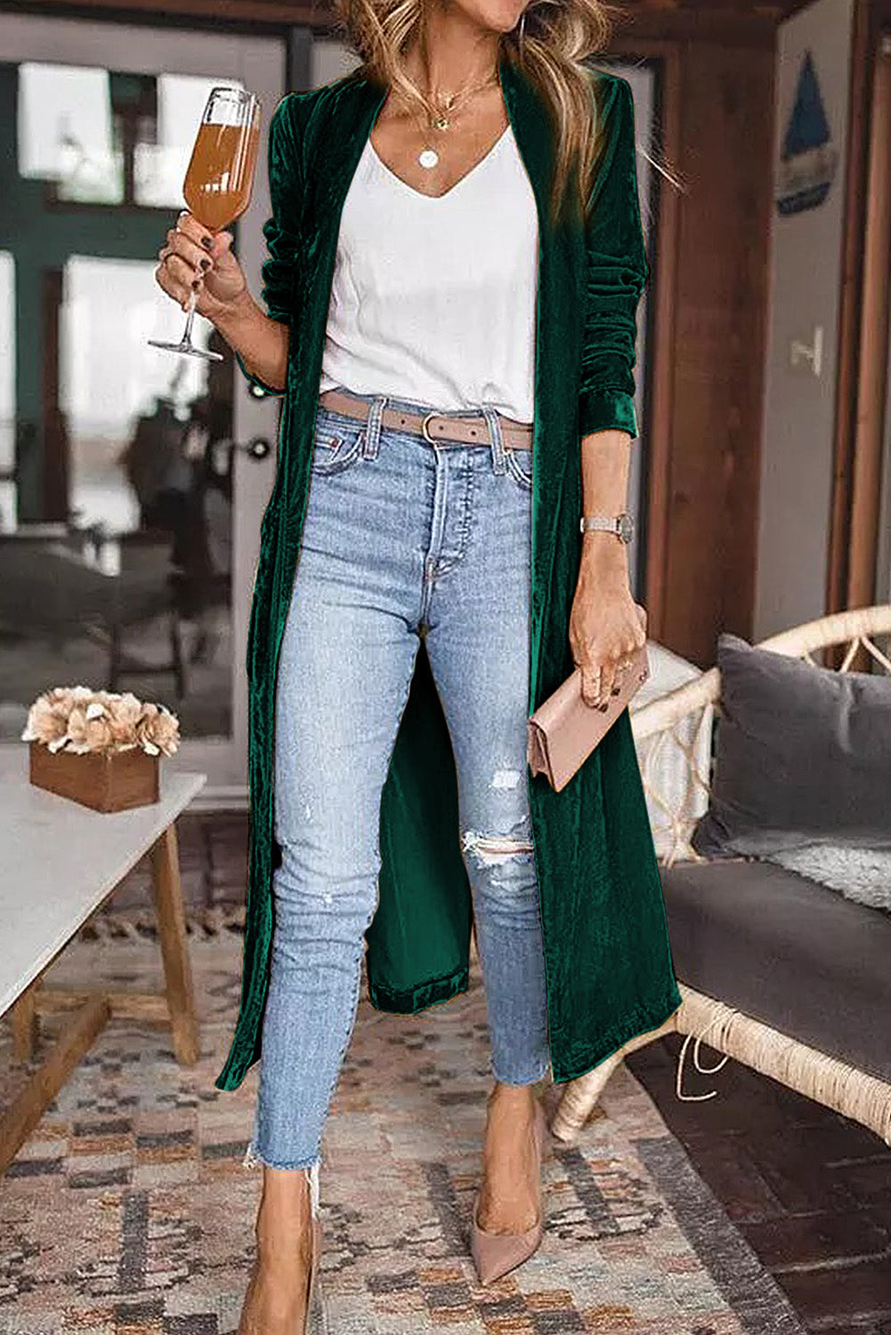 Chic Women's Green Velvet Long Duster Coat with Open Front, Pockets - Stylish and Comfortable Outerwear for Any Occasion