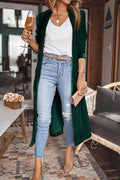 Chic Women's Green Velvet Long Duster Coat with Open Front, Pockets - Stylish and Comfortable Outerwear for Any Occasion