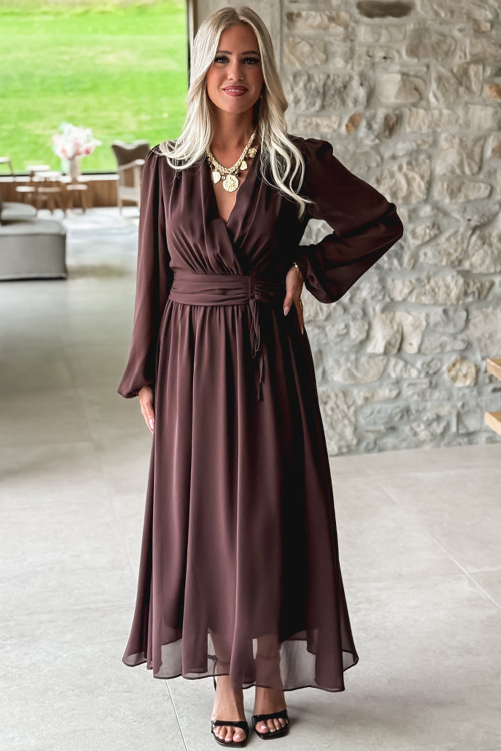 Chic Dark Brown Long Sleeve V-Neck Pleated High Waist Maxi Dress for Women Ideal for Formal and Casual Events